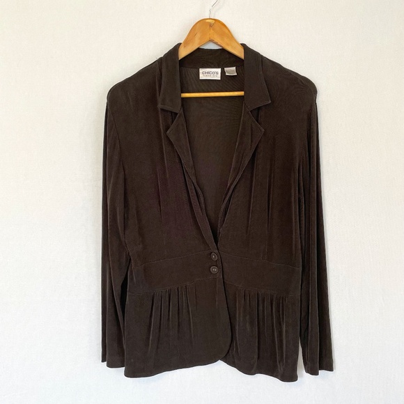 Chico’s Travelers Peplum Defined Waist Jacket Brown Slinky Vintage Sz 2 Lg - Picture 1 of 4